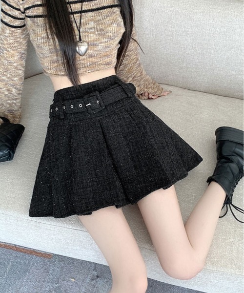 kirakiraShop（キラキラショップ）の「ラメ ツイード ベルト付き プリーツ ミニスカート（スカート・レディース・ブラック/ホワイト・L/M/S）」の16枚目の写真