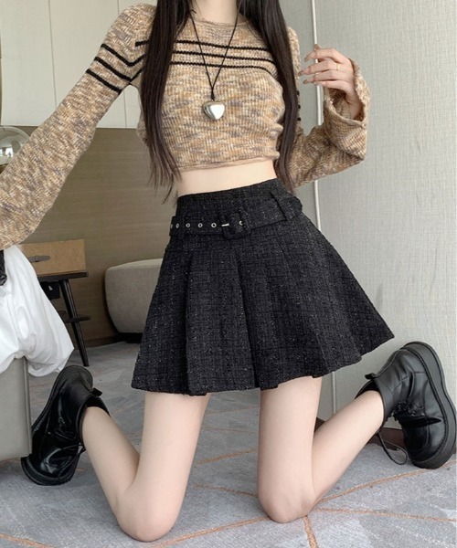 kirakiraShop（キラキラショップ）の「ラメ ツイード ベルト付き プリーツ ミニスカート（スカート・レディース・ブラック/ホワイト・L/M/S）」の17枚目の写真