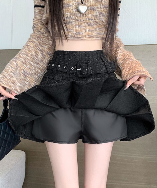 kirakiraShop（キラキラショップ）の「ラメ ツイード ベルト付き プリーツ ミニスカート（スカート・レディース・ブラック/ホワイト・L/M/S）」の22枚目の写真