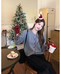 チェック配色ニットカーディガン