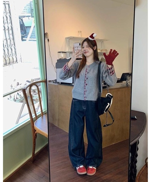 CHEER(チアー)の「チェック配色ニットカーディガン(カーディガン/ボレロ・レディース・グレー/レッド・M)」の6枚目の写真