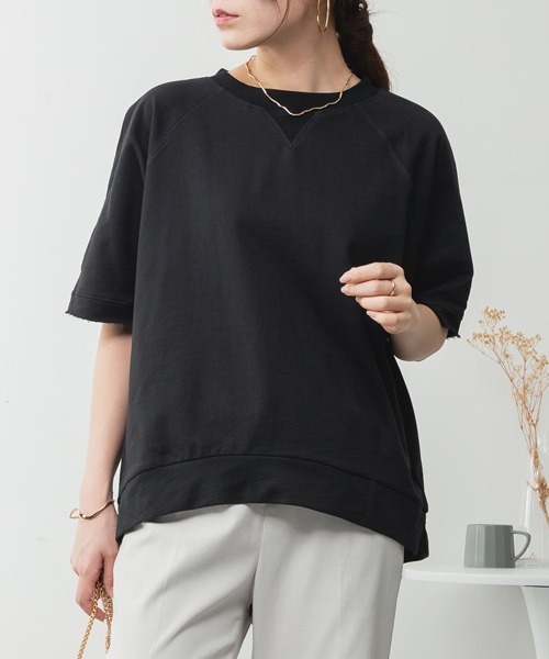 RCD（アールシーディー）の「ミニ裏毛ラグラン半袖トレーナ（Tシャツ/カットソー・レディース・オートミール/ブラック/ライトベージュ/チャコールグレー・M-L/LL～3L）」の5枚目の写真