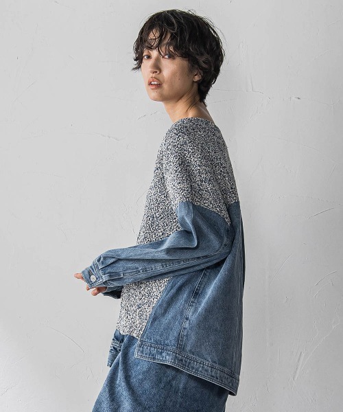 MAYSON GREY（メイソングレイ）の「デニムドッキングVネックニットプルオーバー≪洗濯機で洗える≫（ニット/セーター・レディース・ブルー/オフホワイト・M）」の4枚目の写真