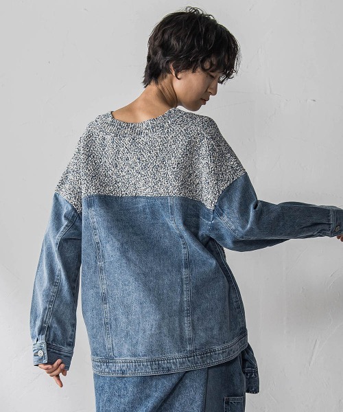 MAYSON GREY（メイソングレイ）の「デニムドッキングVネックニットプルオーバー≪洗濯機で洗える≫（ニット/セーター・レディース・ブルー/オフホワイト・M）」の5枚目の写真