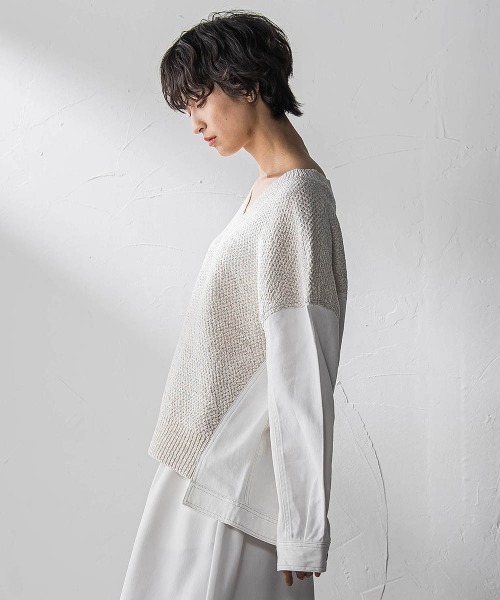 MAYSON GREY（メイソングレイ）の「デニムドッキングVネックニットプルオーバー≪洗濯機で洗える≫（ニット/セーター・レディース・ブルー/オフホワイト・M）」の12枚目の写真