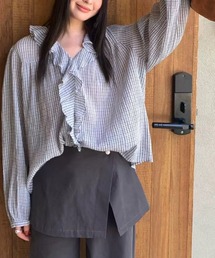 ラッフルフリルチェックブラウス