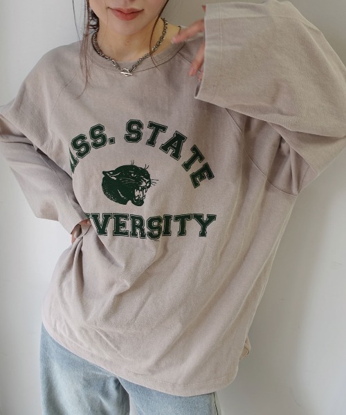 CORNERS（コーナーズ）の「ピグメントカレッジオーバーサイズロンT（Tシャツ/カットソー・レディース・ネイビー/チャコールグレー/グレイッシュベージュ/アイボリー/イエロー・FREE）」の4枚目の写真