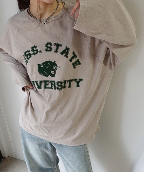 CORNERS（コーナーズ）の「ピグメントカレッジオーバーサイズロンT（Tシャツ/カットソー・レディース・ネイビー/チャコールグレー/グレイッシュベージュ/アイボリー/イエロー・FREE）」の10枚目の写真