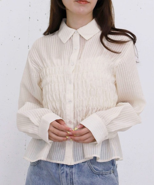 archives(アルシーヴ)の「【ONかわ】シアーストライプシャーリングシャツ(シャツ/ブラウス・レディース・ベージュ/ブルー・MEDIUM)」の2枚目の写真