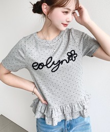 コードロゴ刺繍ドット裾フリル半袖トップス
