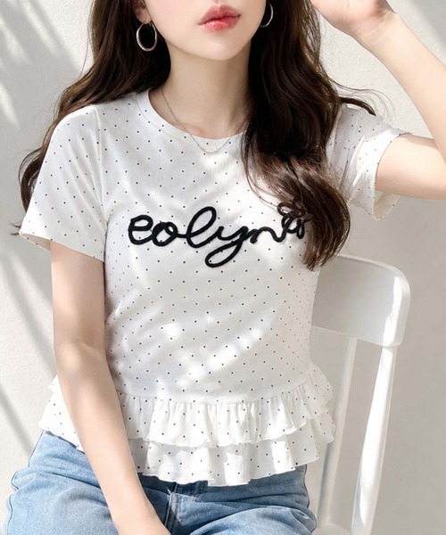 moment+(モーメントプラス)の「コードロゴ刺繍ドット裾フリル半袖トップス(Tシャツ/カットソー・レディース・杢グレー/ネイビー/オフホワイト/ブラック/ピンク/ナチュラル・M)」の2枚目の写真