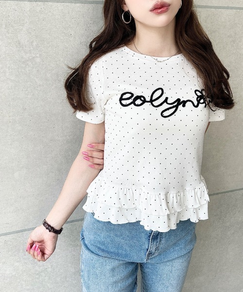 moment+(モーメントプラス)の「コードロゴ刺繍ドット裾フリル半袖トップス(Tシャツ/カットソー・レディース・杢グレー/ネイビー/オフホワイト/ブラック/ピンク/ナチュラル・M)」の8枚目の写真