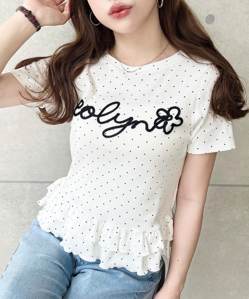 moment+(モーメントプラス)の「コードロゴ刺繍ドット裾フリル半袖トップス(Tシャツ/カットソー・レディース・杢グレー/ネイビー/オフホワイト/ブラック/ピンク/ナチュラル・M)」の10枚目の写真