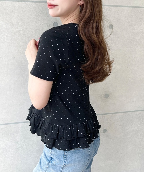 moment+(モーメントプラス)の「コードロゴ刺繍ドット裾フリル半袖トップス(Tシャツ/カットソー・レディース・杢グレー/ネイビー/オフホワイト/ブラック/ピンク/ナチュラル・M)」の21枚目の写真