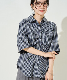 限定展開 チェック フロント ギャザー 半袖 シャツ