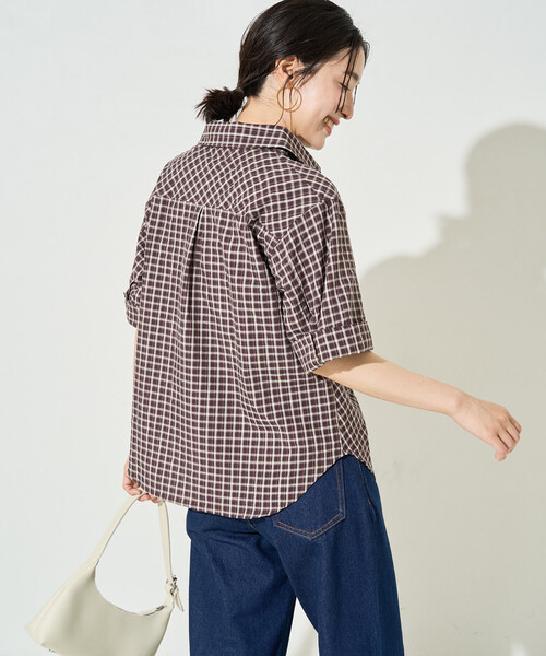 FREAK'S STORE(フリークスストア)の「限定展開 チェック フロント ギャザー 半袖 シャツ(シャツ/ブラウス・レディース・オフホワイト/ブラック/オリーブ/ブラウン・フリ-)」の5枚目の写真
