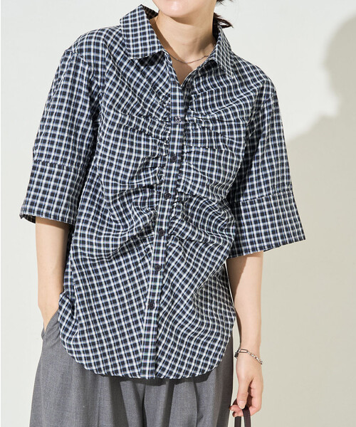 FREAK'S STORE(フリークスストア)の「限定展開 チェック フロント ギャザー 半袖 シャツ(シャツ/ブラウス・レディース・オフホワイト/ブラック/オリーブ/ブラウン・フリ-)」の10枚目の写真