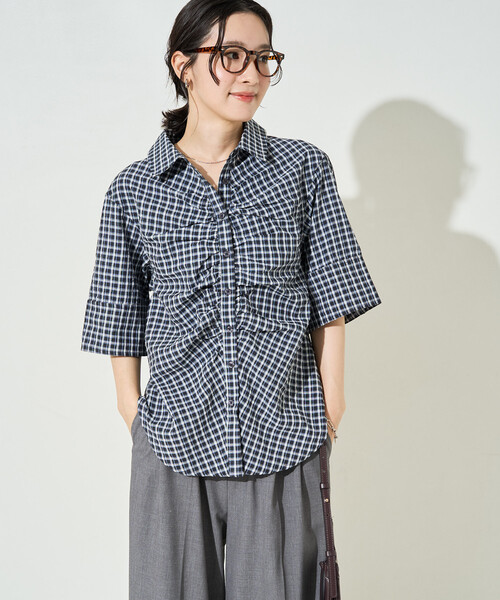 FREAK'S STORE(フリークスストア)の「限定展開 チェック フロント ギャザー 半袖 シャツ(シャツ/ブラウス・レディース・オフホワイト/ブラック/オリーブ/ブラウン・フリ-)」の11枚目の写真
