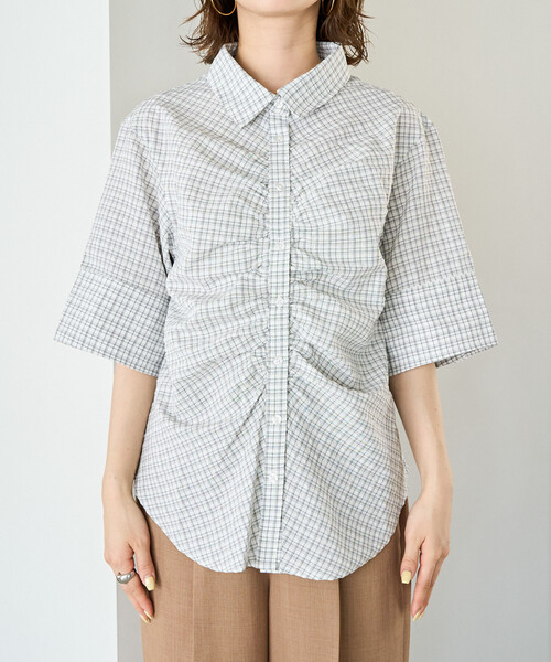 FREAK'S STORE(フリークスストア)の「限定展開 チェック フロント ギャザー 半袖 シャツ(シャツ/ブラウス・レディース・オフホワイト/ブラック/オリーブ/ブラウン・フリ-)」の17枚目の写真