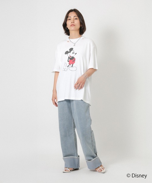 Floran（フローラン）の「【GOOD ROCK SPEED/グッドロックスピード】ヴィンテージライクダメージ加工/ミッキー/プリントTシャツ（Tシャツ/カットソー・レディース・チャコールグレー/オフホワイト・MEDIUM）」の3枚目の写真