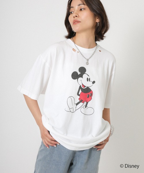 Floran（フローラン）の「【GOOD ROCK SPEED/グッドロックスピード】ヴィンテージライクダメージ加工/ミッキー/プリントTシャツ（Tシャツ/カットソー・レディース・チャコールグレー/オフホワイト・MEDIUM）」の4枚目の写真