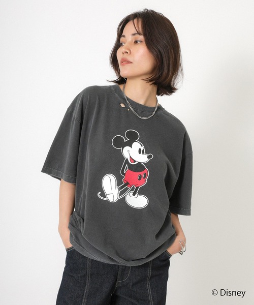 Floran（フローラン）の「【GOOD ROCK SPEED/グッドロックスピード】ヴィンテージライクダメージ加工/ミッキー/プリントTシャツ（Tシャツ/カットソー・レディース・チャコールグレー/オフホワイト・MEDIUM）」の7枚目の写真