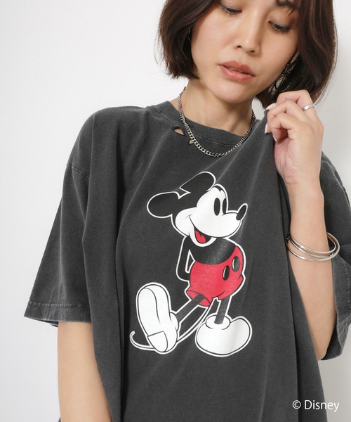 Floran（フローラン）の「【GOOD ROCK SPEED/グッドロックスピード】ヴィンテージライクダメージ加工/ミッキー/プリントTシャツ（Tシャツ/カットソー・レディース・チャコールグレー/オフホワイト・MEDIUM）」の14枚目の写真