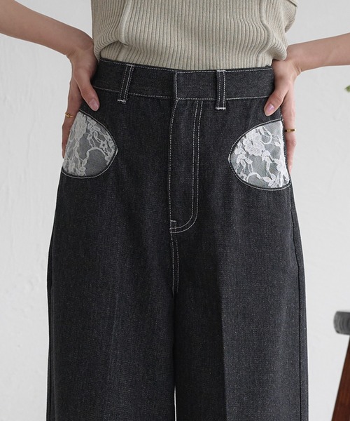 raffime（ラフィミー）の「【Raffime】レースドッキングデニム（デニムパンツ・レディース・ライトブルー/ブラック・LARGE/SMALL/MEDIUM）」の3枚目の写真