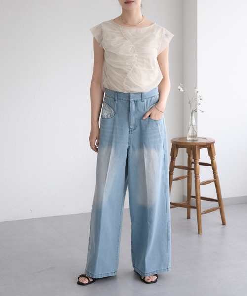 raffime（ラフィミー）の「【Raffime】レースドッキングデニム（デニムパンツ・レディース・ライトブルー/ブラック・LARGE/SMALL/MEDIUM）」の6枚目の写真