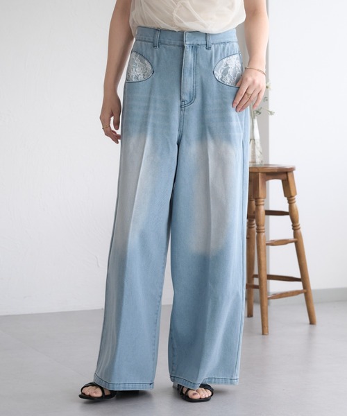 raffime（ラフィミー）の「【Raffime】レースドッキングデニム（デニムパンツ・レディース・ライトブルー/ブラック・LARGE/SMALL/MEDIUM）」の8枚目の写真