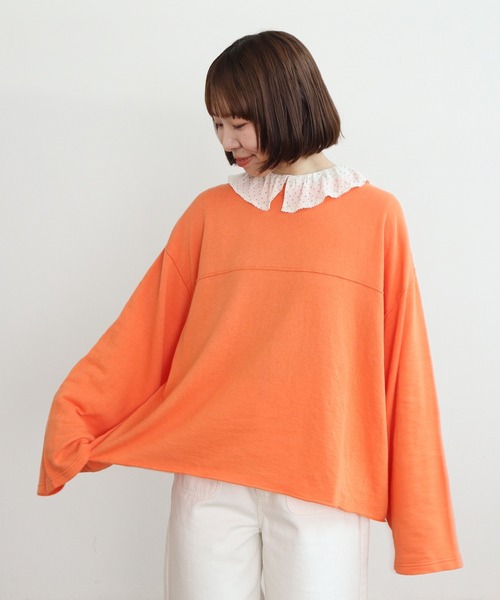 PAR ICI(パーリッシィ)の「製品染め ガーゼ裏毛切り替えプルオーバー(Tシャツ/カットソー・レディース・オレンジ/アイボリー/グレー・FREE)」の3枚目の写真