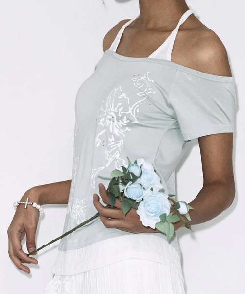 FANCY CLUB(ファンシークラブ)の「【FANCY CLUB】ROSY HALTER OFF-SHOULDER TOP / 【ファンシークラブ】ロージーホルターオフショルダーレイヤード半袖Tシャツ(Tシャツ/カットソー・レディース・パープル/ミント/ブラック・ONE SIZE)」の2枚目の写真