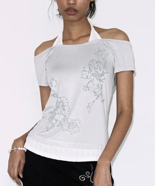 FANCY CLUB(ファンシークラブ)の「【FANCY CLUB】ROSY HALTER OFF-SHOULDER TOP / 【ファンシークラブ】ロージーホルターオフショルダーレイヤード半袖Tシャツ(Tシャツ/カットソー・レディース・パープル/ミント/ブラック・ONE SIZE)」の12枚目の写真
