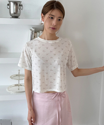 フラワーパターンショートスリーブクロップTシャツアイボリー
