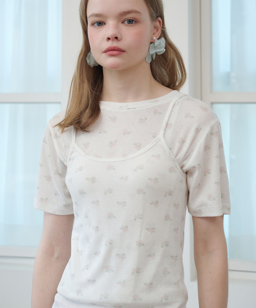 OPENING SUNSHINE(オープニングサンシャイン)の「フラワーパターンショートスリーブクロップTシャツアイボリー(Tシャツ/カットソー・レディース・その他・FREE)」の2枚目の写真