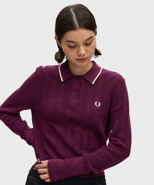 FRED PERRY(フレッドペリー)の「Textured Knitted Shirt/テクスチャードニットシャツ(ニット/セーター・レディース・ネイビー/プラム・10)」の2枚目の写真