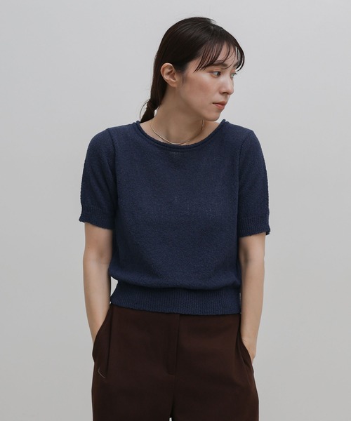 select MOCA（セレクトモカ）の「ネックデザインニットハーフスリーブトップス（ニット/セーター・レディース・ネイビー/アイボリー・FREE）」の2枚目の写真