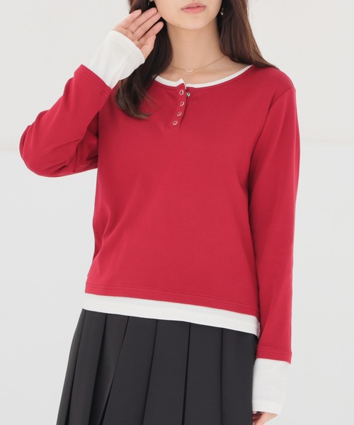Honeys（ハニーズ）の「配色ヘンリートップス（Tシャツ/カットソー・レディース・ヘザーチャコール/ブラック/イエロー/レッド/ブルー・S/M/L）」の5枚目の写真