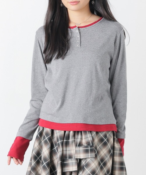 Honeys（ハニーズ）の「配色ヘンリートップス（Tシャツ/カットソー・レディース・ヘザーチャコール/ブラック/イエロー/レッド/ブルー・S/M/L）」の3枚目の写真