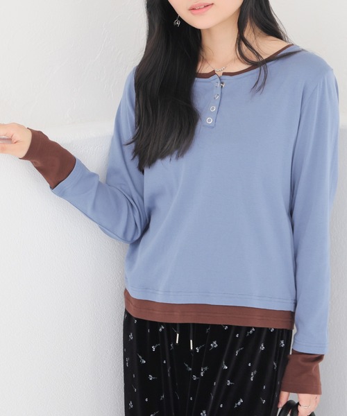 Honeys（ハニーズ）の「配色ヘンリートップス（Tシャツ/カットソー・レディース・ヘザーチャコール/ブラック/イエロー/レッド/ブルー・S/M/L）」の4枚目の写真