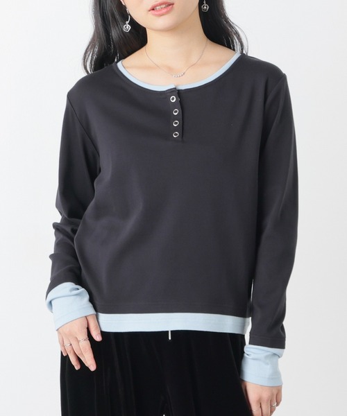 Honeys（ハニーズ）の「配色ヘンリートップス（Tシャツ/カットソー・レディース・ヘザーチャコール/ブラック/イエロー/レッド/ブルー・S/M/L）」の2枚目の写真