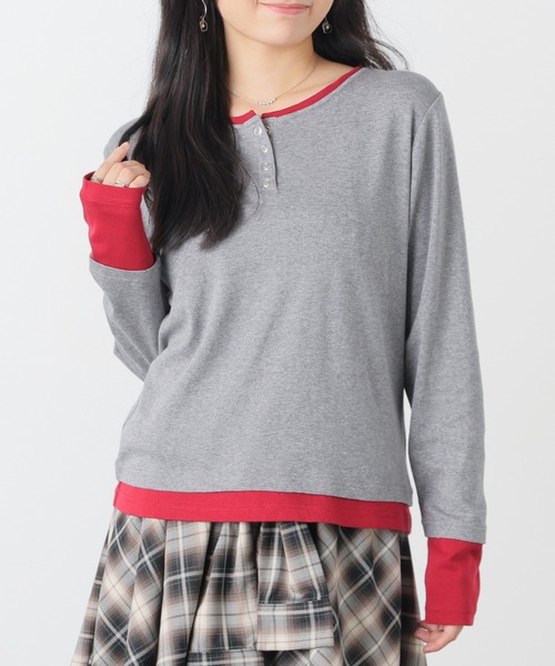 Honeys（ハニーズ）の「配色ヘンリートップス（Tシャツ/カットソー・レディース・ヘザーチャコール/ブラック/イエロー/レッド/ブルー・S/M/L）」の8枚目の写真