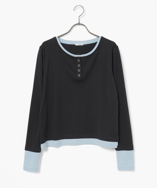 Honeys（ハニーズ）の「配色ヘンリートップス（Tシャツ/カットソー・レディース・ヘザーチャコール/ブラック/イエロー/レッド/ブルー・S/M/L）」の9枚目の写真