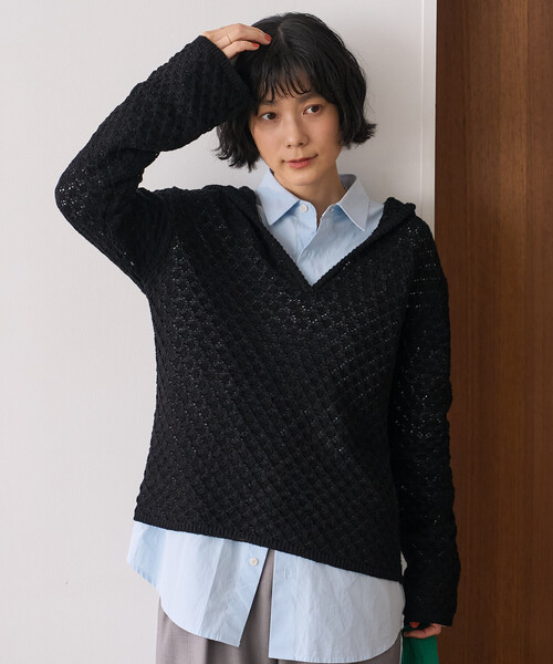 FREAK'S STORE(フリークスストア)の「フードニットプルオーバー(ニット/セーター・レディース・ブラック/オフホワイト/グレー・フリ-)」の3枚目の写真
