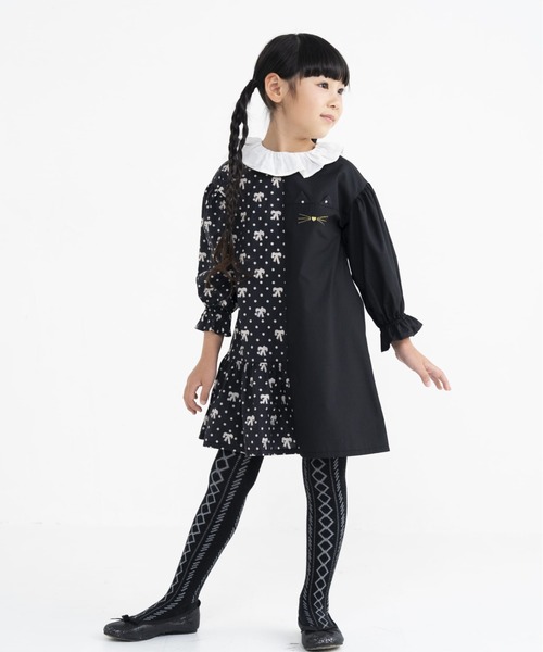 nino(ニノ)の「リボンドットアシンメトリーワンピース(ワンピース・キッズ・ブラック・120cm/110cm/100cm)」の1枚目の写真
