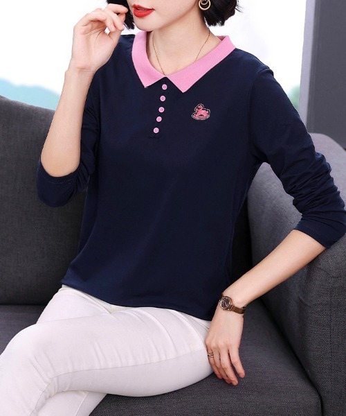 ONEP STAR（ワンピスター）の「配色襟ワンポイント刺繍長袖ポロシャツ（ポロシャツ・レディース・ネイビー・MEDIUM/LARGE/X-LARGE）」の12枚目の写真