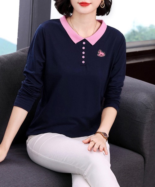 ONEP STAR（ワンピスター）の「配色襟ワンポイント刺繍長袖ポロシャツ（ポロシャツ・レディース・ネイビー・MEDIUM/LARGE/X-LARGE）」の11枚目の写真