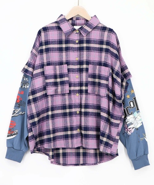 ScoLar(スカラー)の「163675:レイヤード風 チェック柄袖プリントプルオーバー(Tシャツ/カットソー・レディース・カーキ/パープル・M)」の1枚目の写真