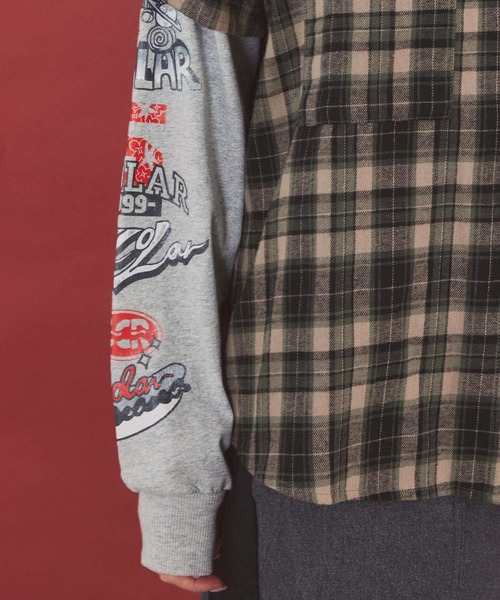 ScoLar(スカラー)の「163675:レイヤード風 チェック柄袖プリントプルオーバー(Tシャツ/カットソー・レディース・カーキ/パープル・M)」の8枚目の写真
