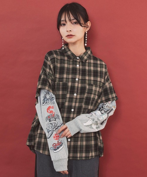 ScoLar(スカラー)の「163675:レイヤード風 チェック柄袖プリントプルオーバー(Tシャツ/カットソー・レディース・カーキ/パープル・M)」の9枚目の写真